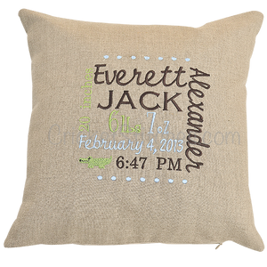 custom embroidered linen birth announcement pillow