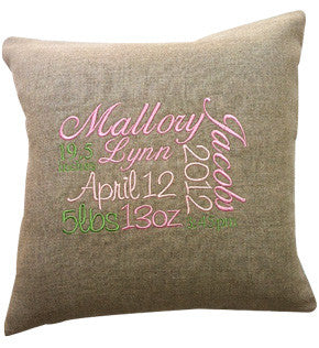 custom embroidered linen birth announcement pillow