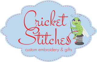 Cricket Stitches blue background with green cricket logo