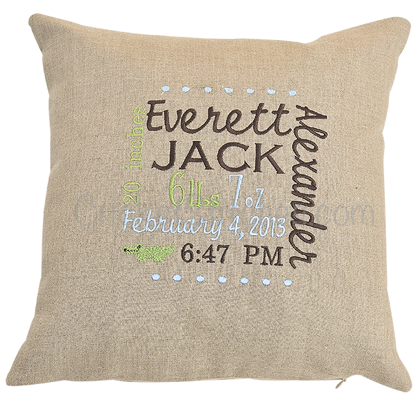 Embroidered Birth Announcement Pillow Cricket Stitches